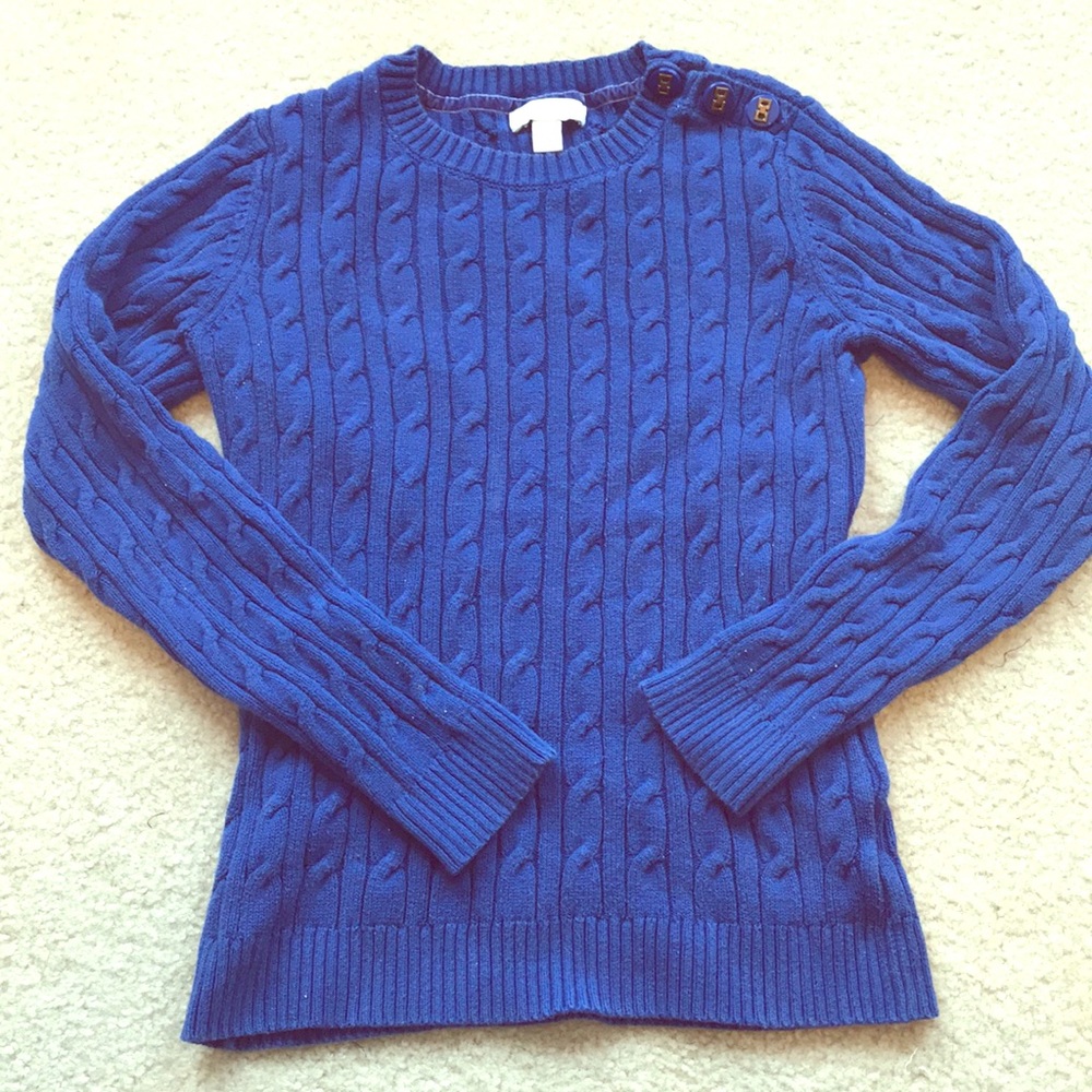 Blue sweater with button shoulder detail